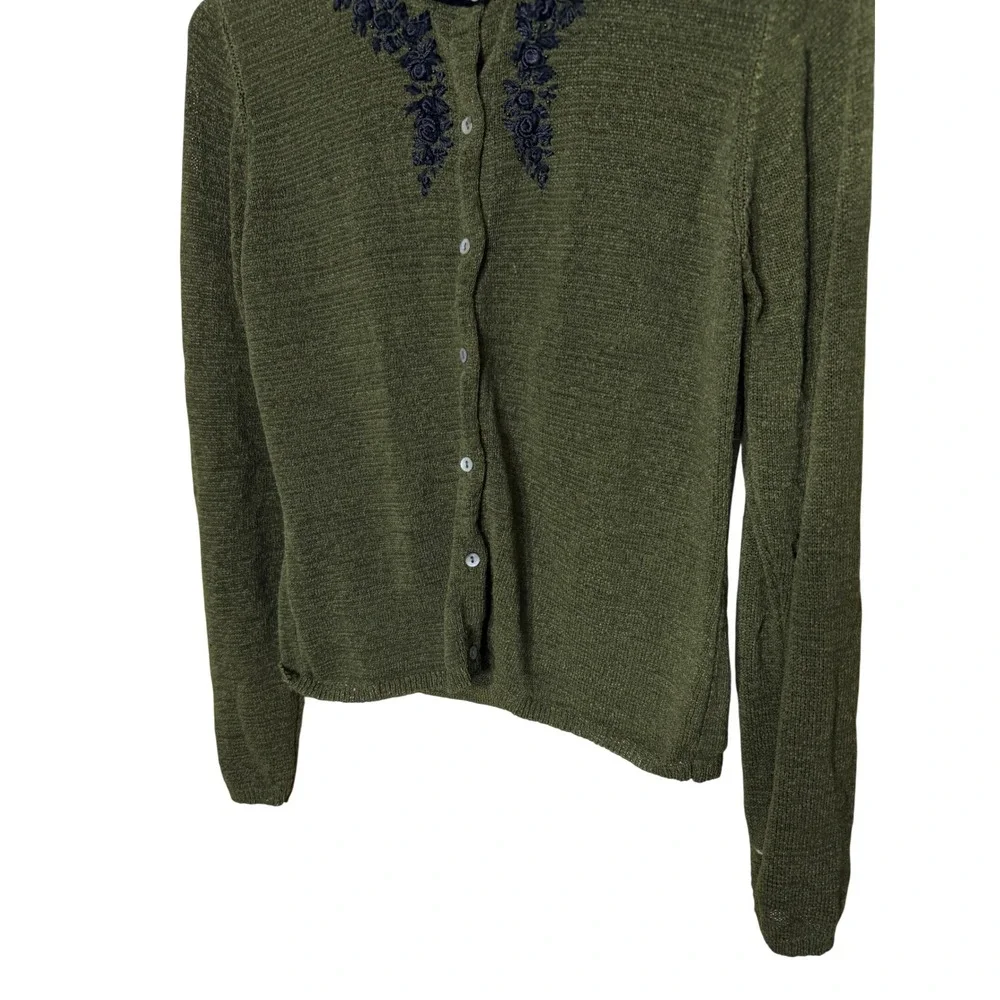 Lucia Burns Olive Green Embroidered Floral Cardigan Sweater Velvet Trim Size M